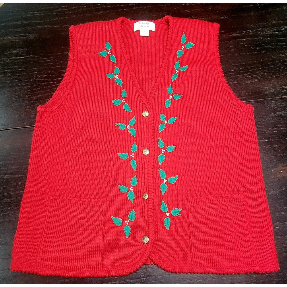 Tally Ho Vintage Sweater Cardigan Vest Womens Medium Red Christmas Holly